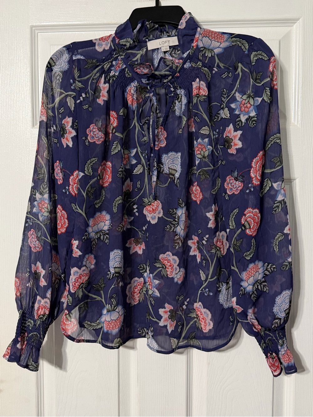 LOFT Navy Floral Tie-Front Ruffle Blouse
